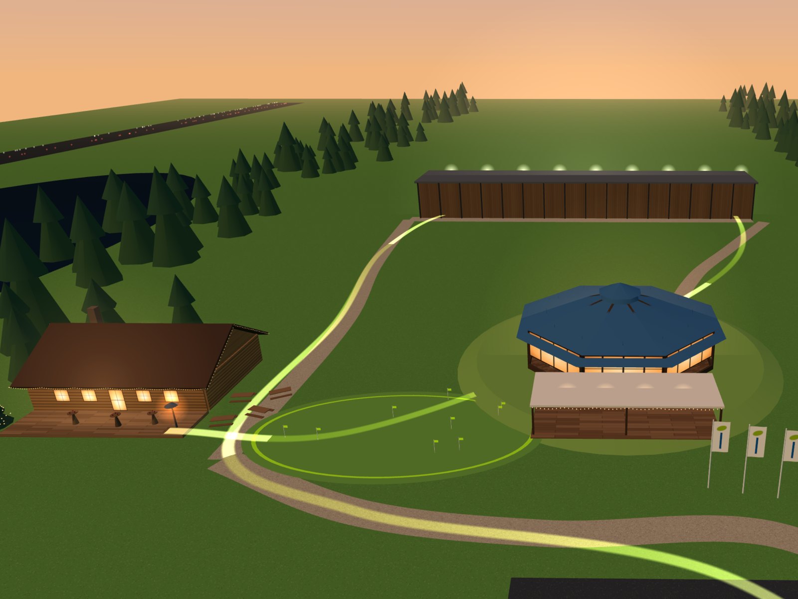Vorschau aus dem 3D-Rundgang: Almhütte, Elb-Lodge und TrackMan Range auf dem Gelände in Moorfleet