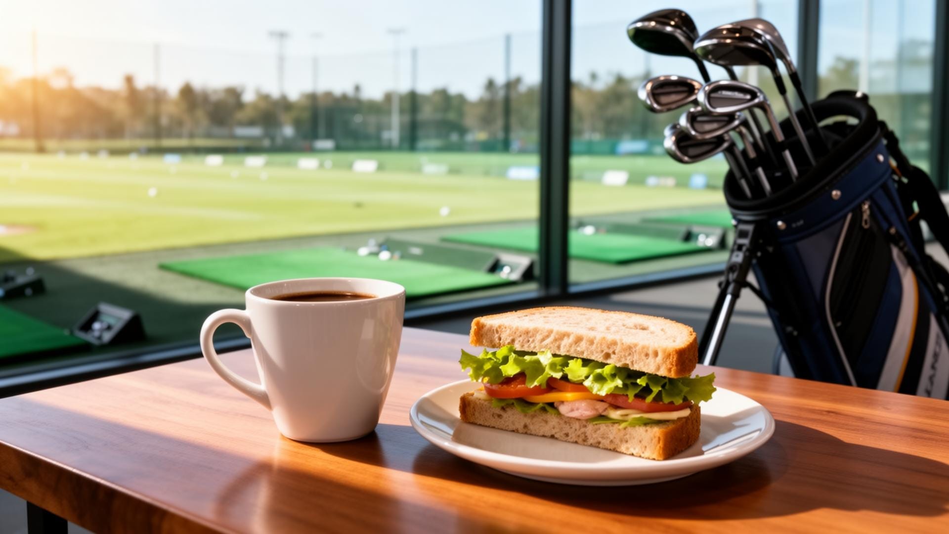 Mittagspause mit Kaffee und Sandwich in der Golf Lounge