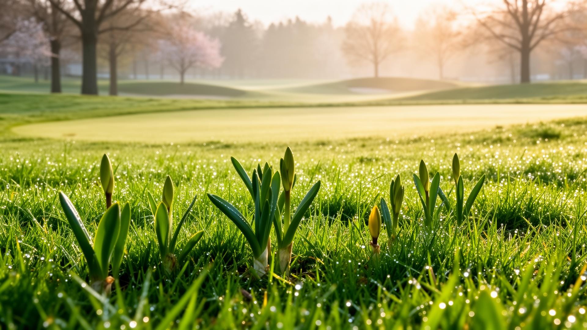 Frühlingserwachen auf dem Golfplatz mit frischen Sprösslingen