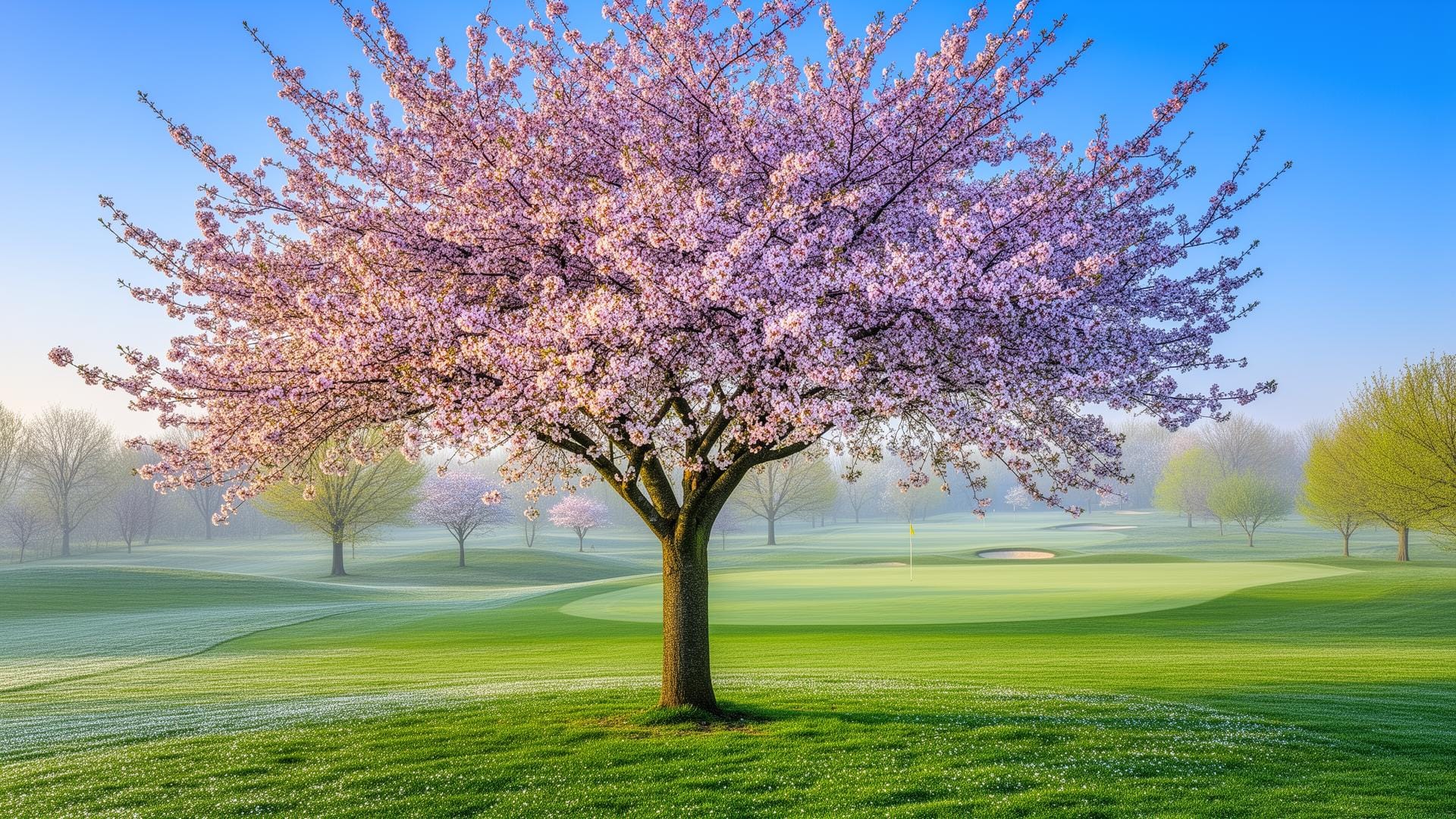 Blooming cherry tree at season start at Golf Lounge Hamburg