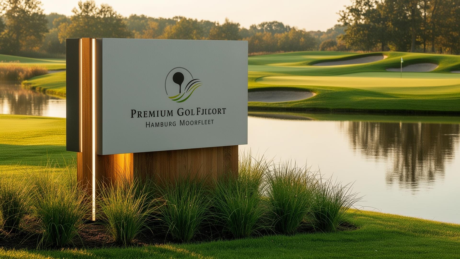 Entrance area of Golf Lounge in Hamburg-Moorfleet with water features and manicured greens