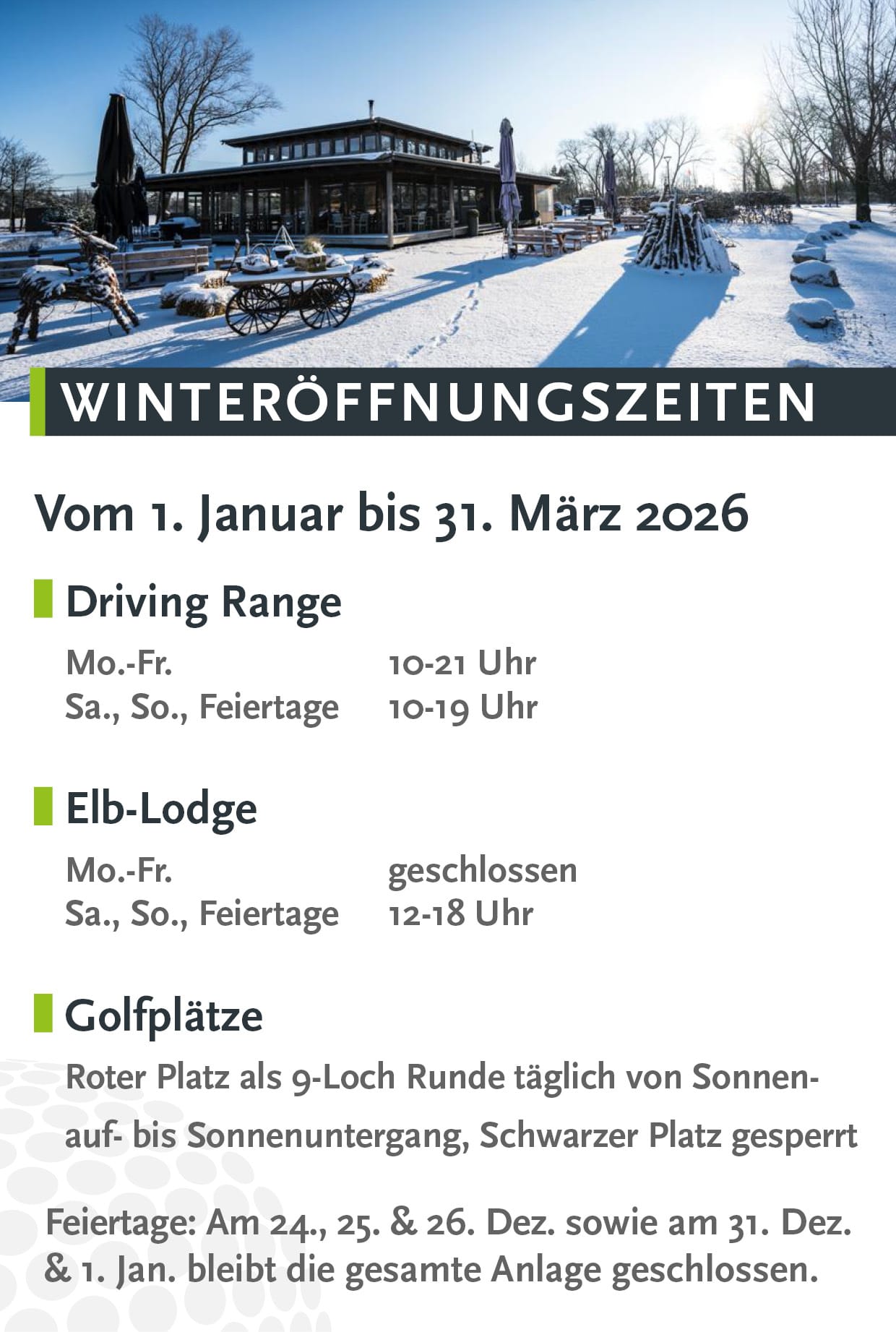 Winterliche Außenansicht der Golf Lounge Hamburg mit Schnee