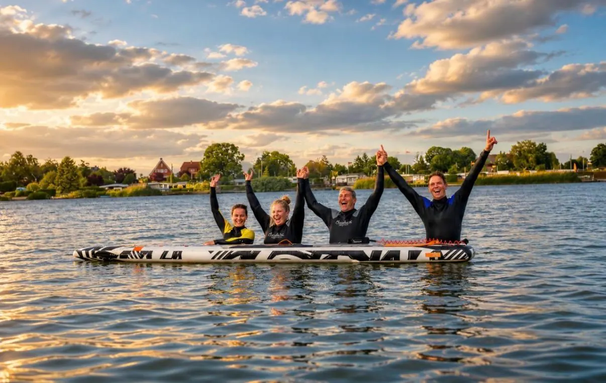 Team jubelt auf einem Mega-SUP auf der Dove-Elbe im Sonnenuntergang